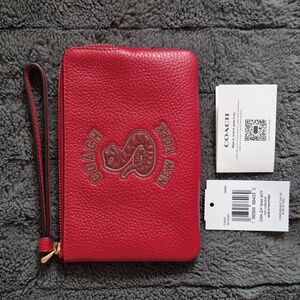Coach Year Of The Snake Ruby Red Leather Corner Zip Wristlet, New With Tags